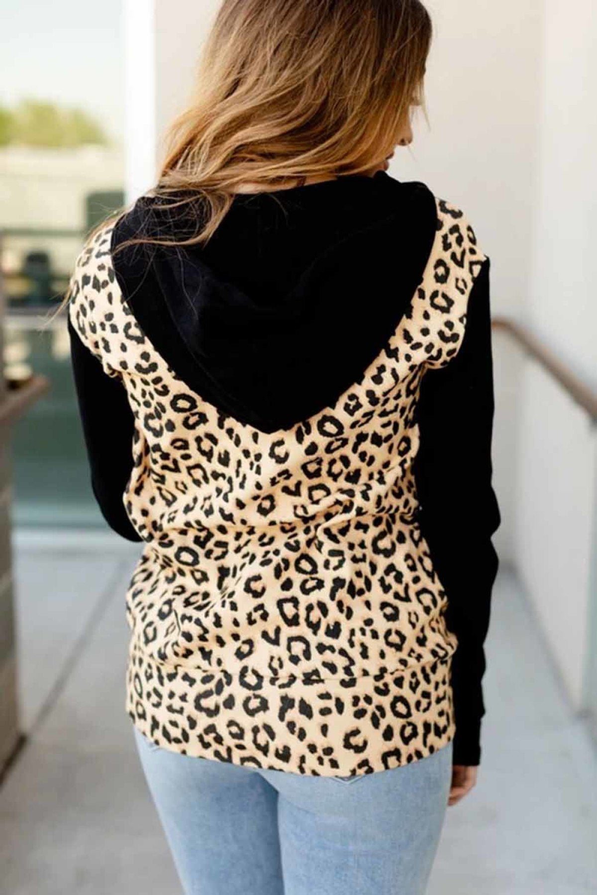 Leopard  Half Zip Kangaroo Pocket Drawstring Hoodie