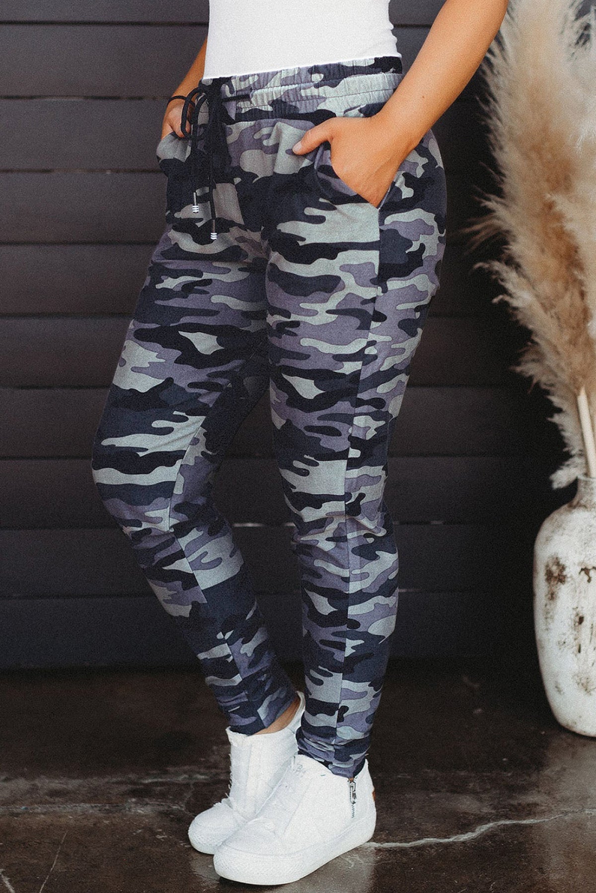 Black Camo Print Elastic Waist Drawstring Casual Joggers