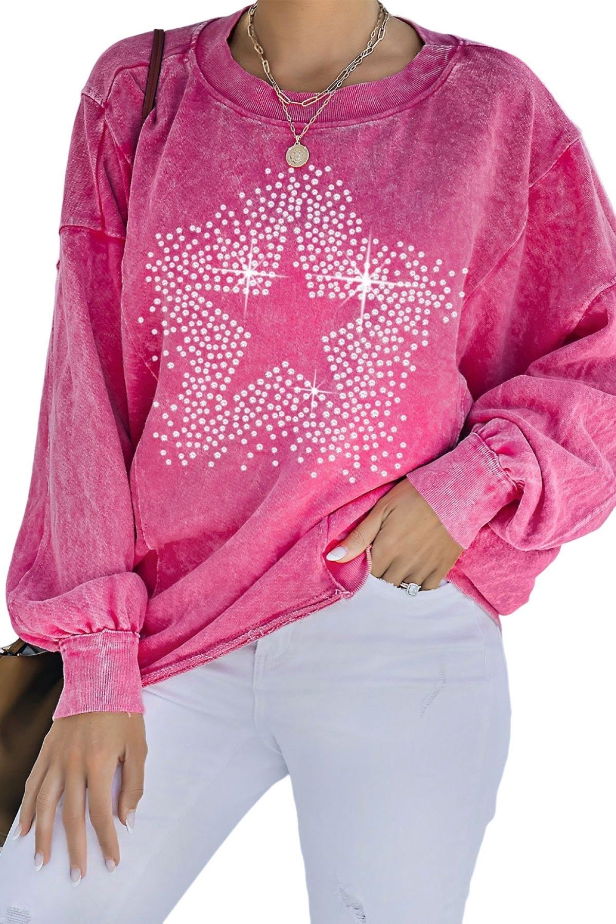 Rose Rhinestone Star Graphic Mineral Wash Sweatshirt