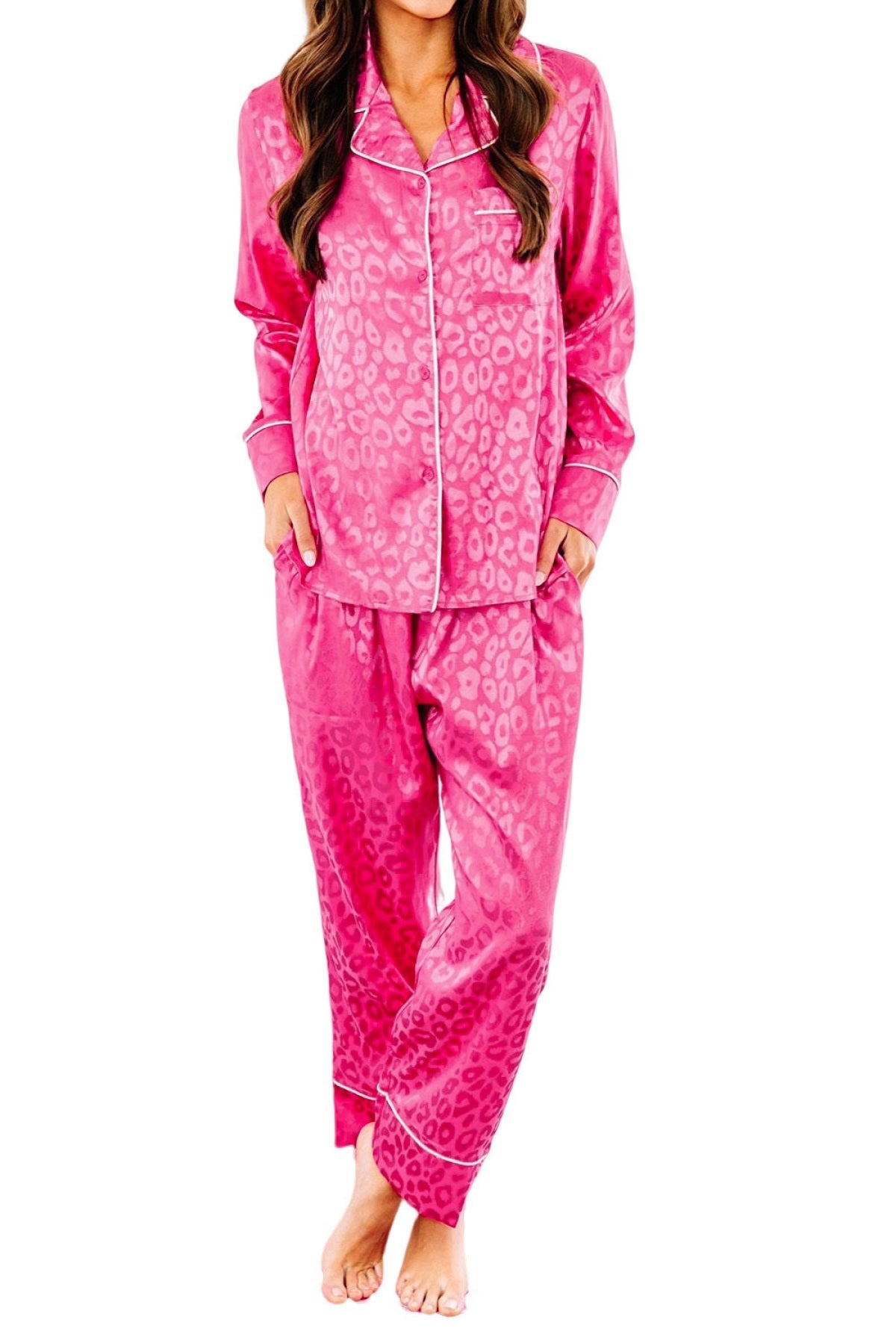 Rose 2Pcs Leopard Satin Long Sleeve Pajamas Set