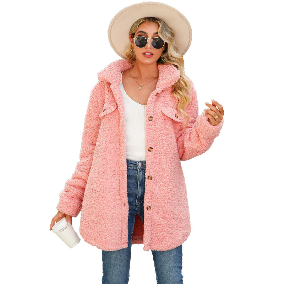 Pink Single-Breasted Lapel Solid Jacket