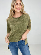 Olive Zenana Acid Wash Front Pocket Raw Edge Top