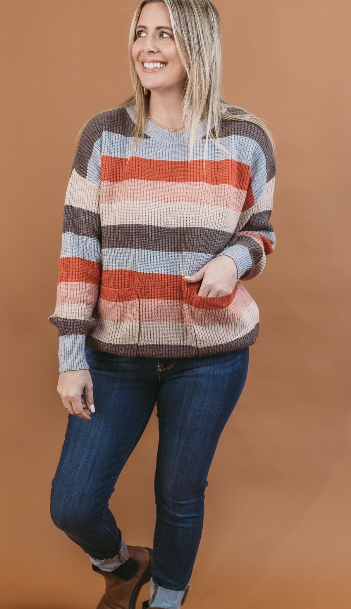 Davi & Dani Multi Stripe Round Neck Long Sleeve Sweater with Pockets