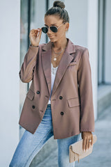 Brown Lapel Neckline Double Breasted Pocketed Blazer