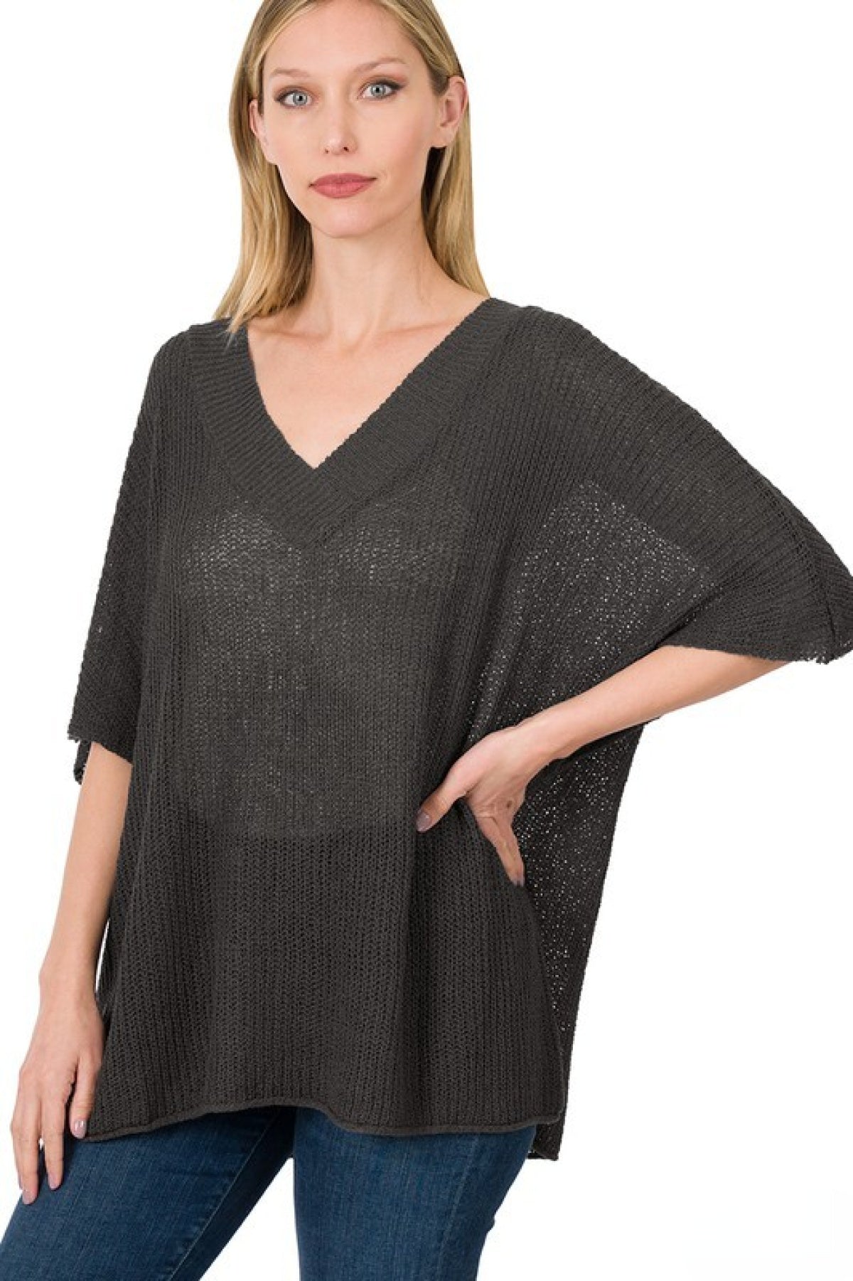 Oversized V-Neck Sheer Knit Top