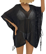 Solid Crochet Dolman Sleeve Tie Side Bikini Cover Up