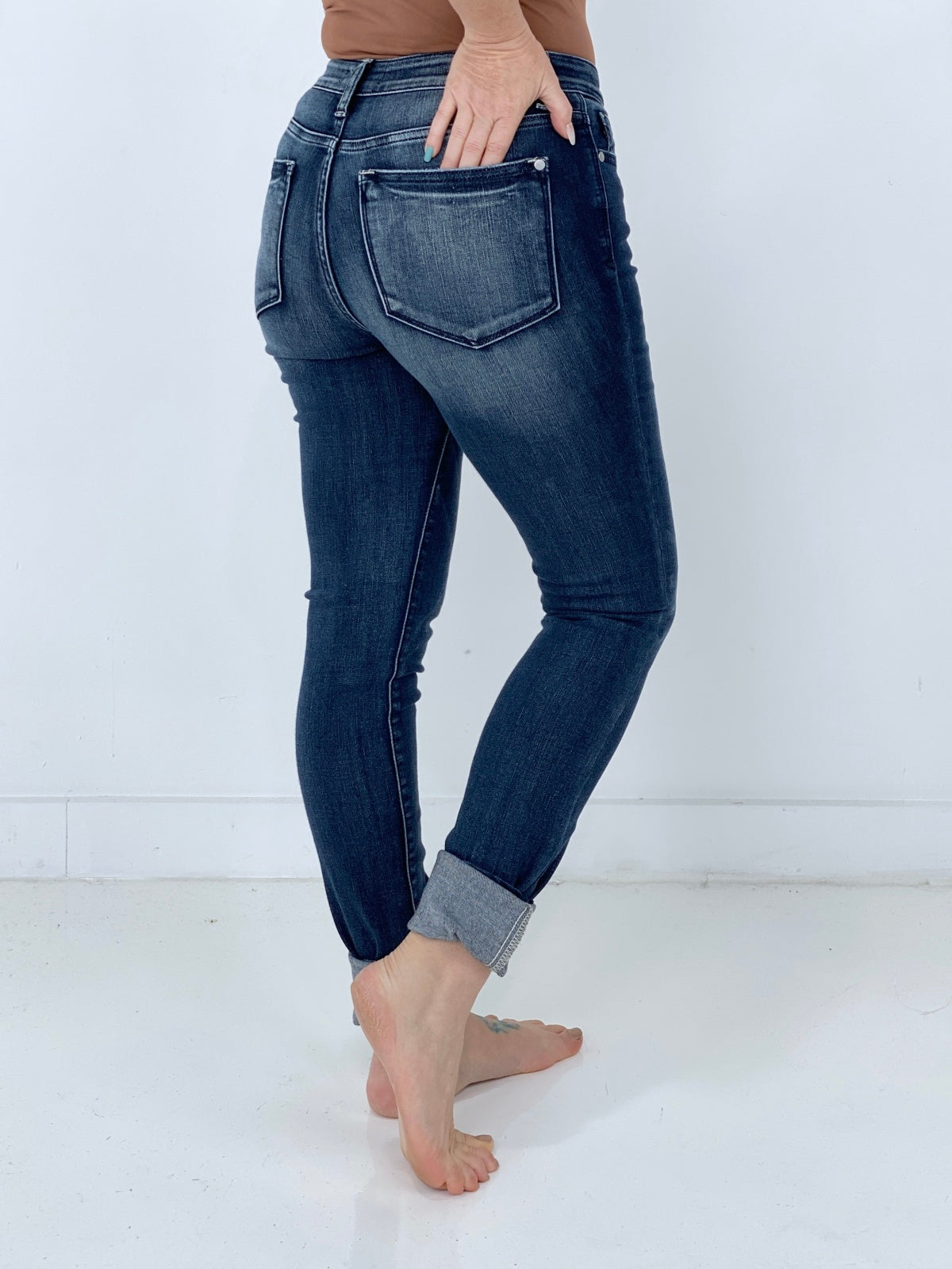 "Olivia" Mid-Rise Long Inseam Pin Tack Skinny Jeans