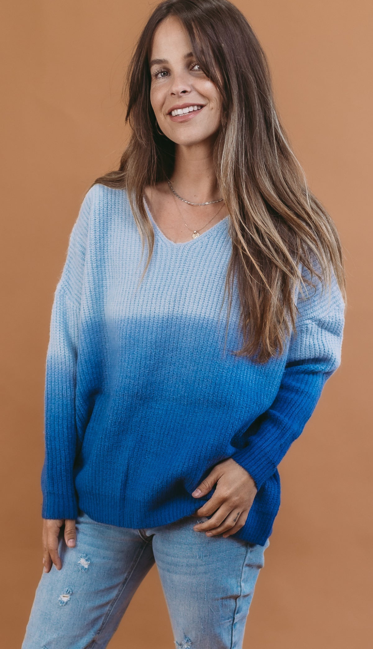 Davi & Dani Color Block V Neck Long Sleeve Sweater