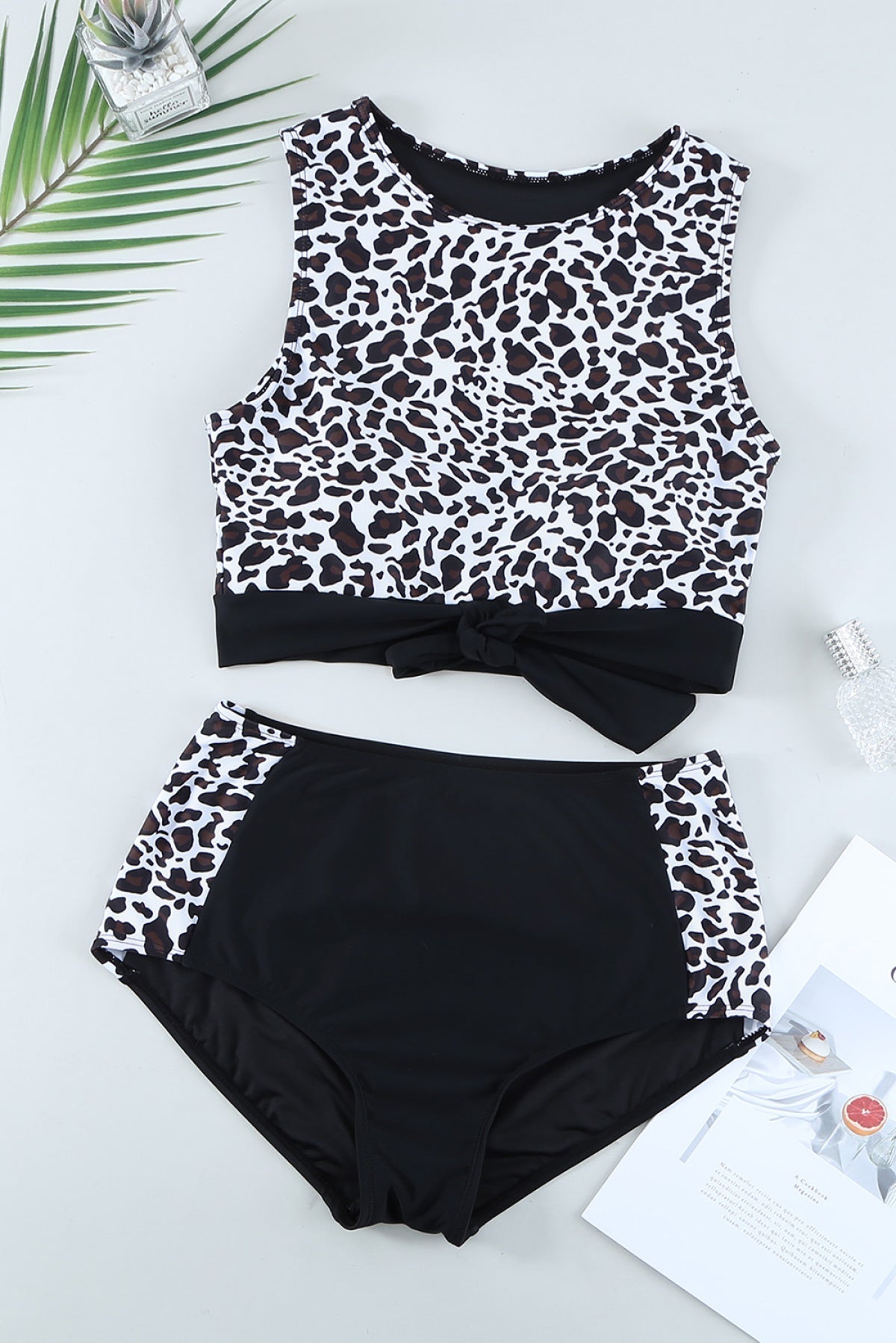 Leopard Patchwork Tie Knot High Waist Bikini Swimsuit