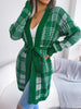 Plaid Long Sleeve Front Open Cardigan with Belt