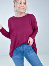 Burgundy Zenana Luxe Rayon Oversized Round Neck Front Pocket Top