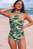 Green Asymmetric One Shoulder Camouflage One-Piece Swimwear