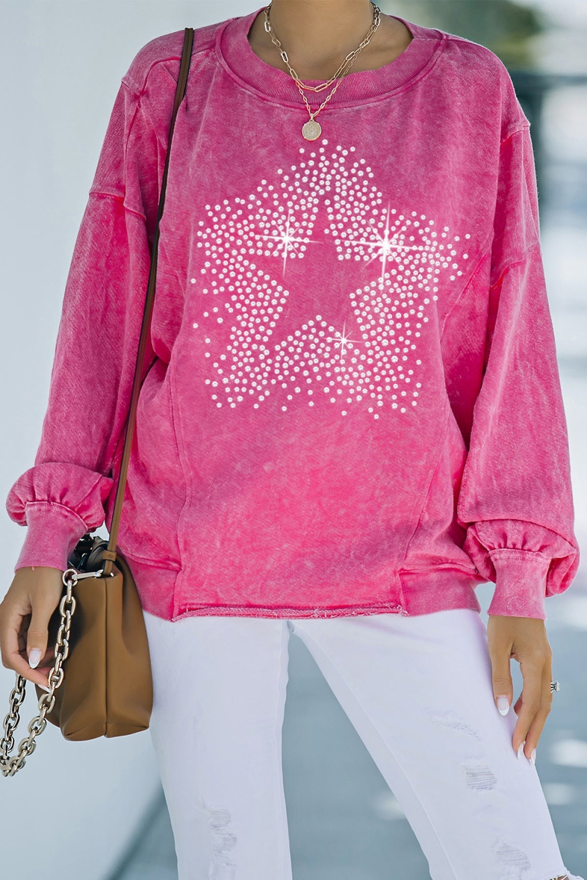 Rose Rhinestone Star Graphic Mineral Wash Sweatshirt