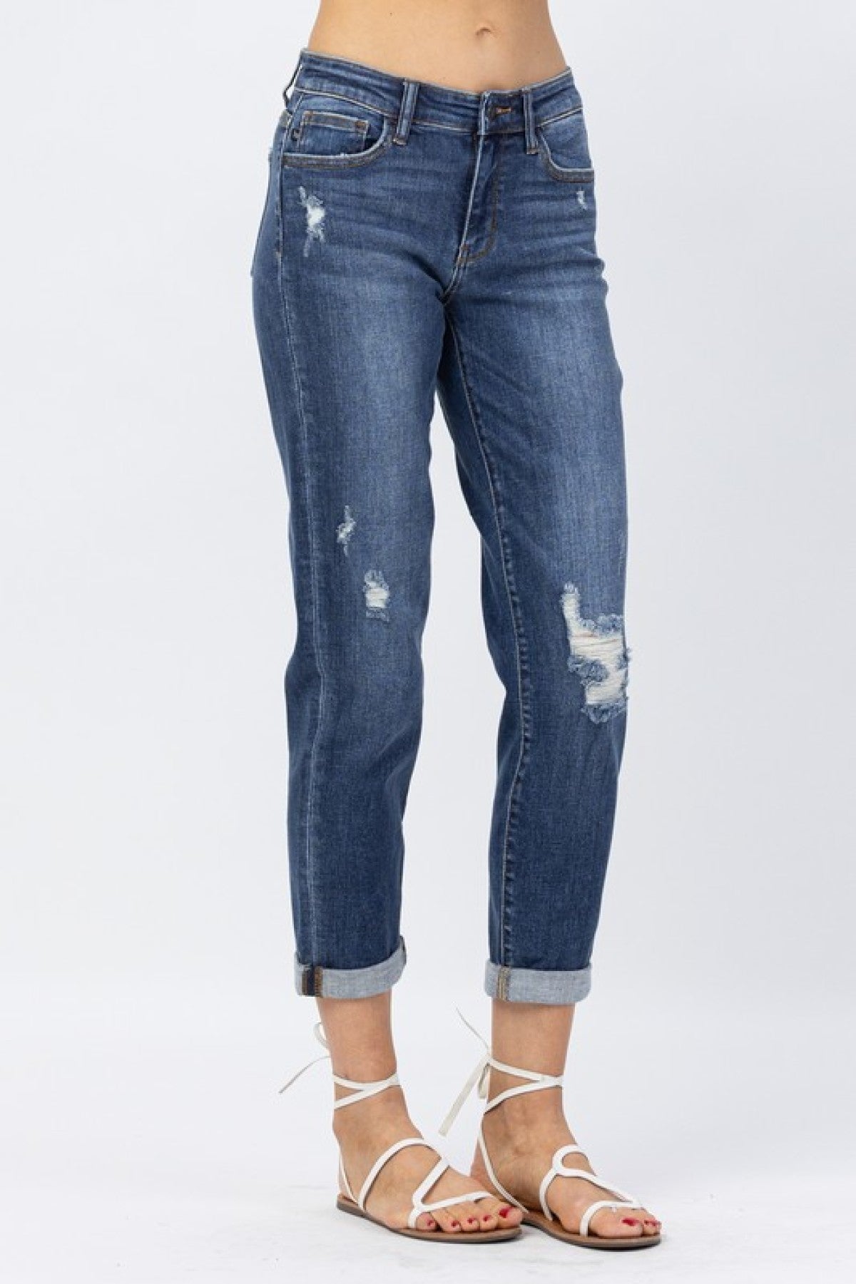 Judy Blue Mid-Rise Cuffed Distressed Slim Fit