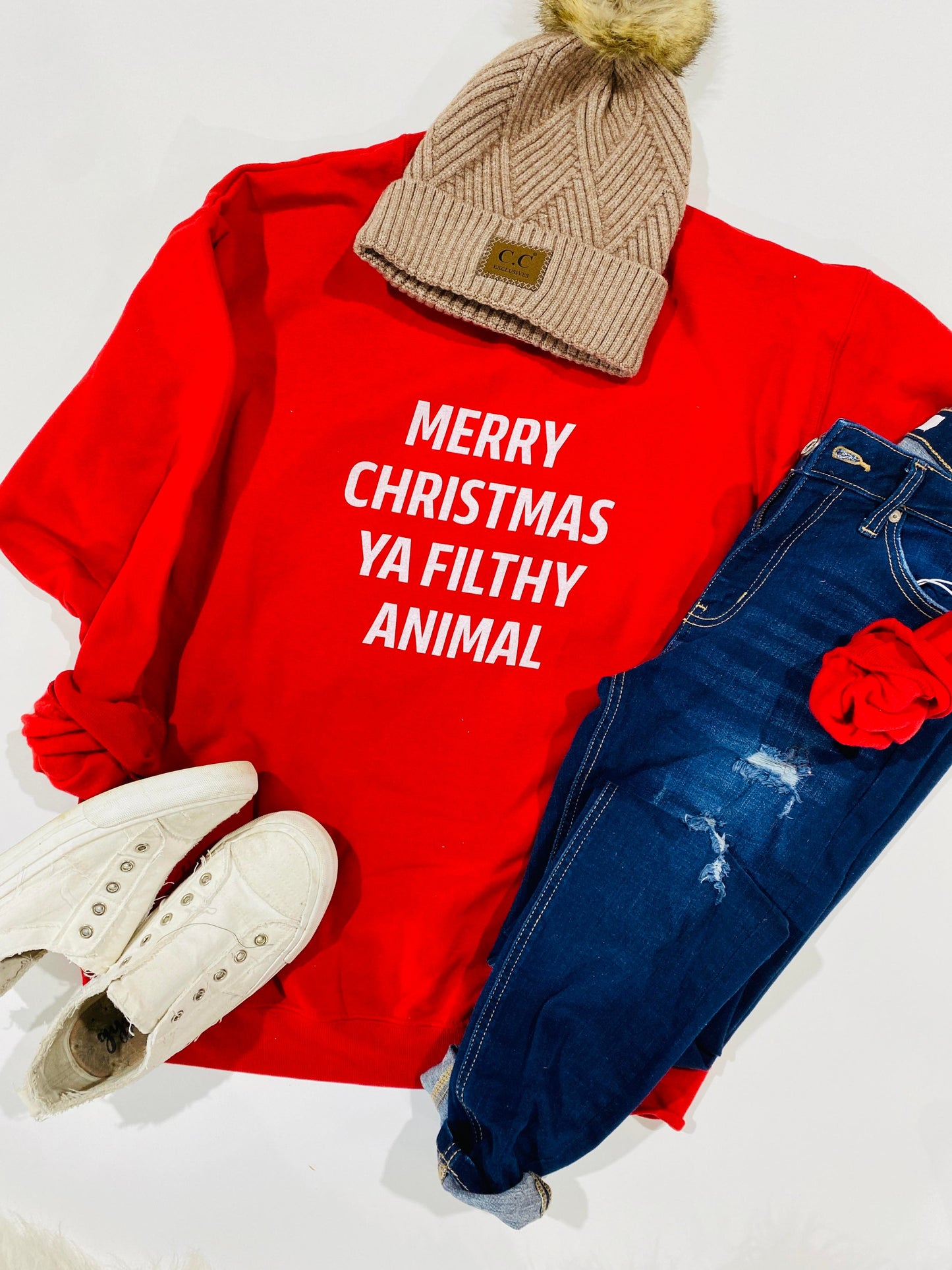 Merry Christmas Ya Filthy Animal Sweatshirt - Red** - Final Sale