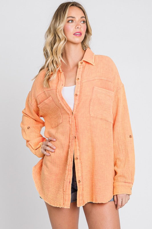 Mineral Wash Gauze Cotton Button Up Top