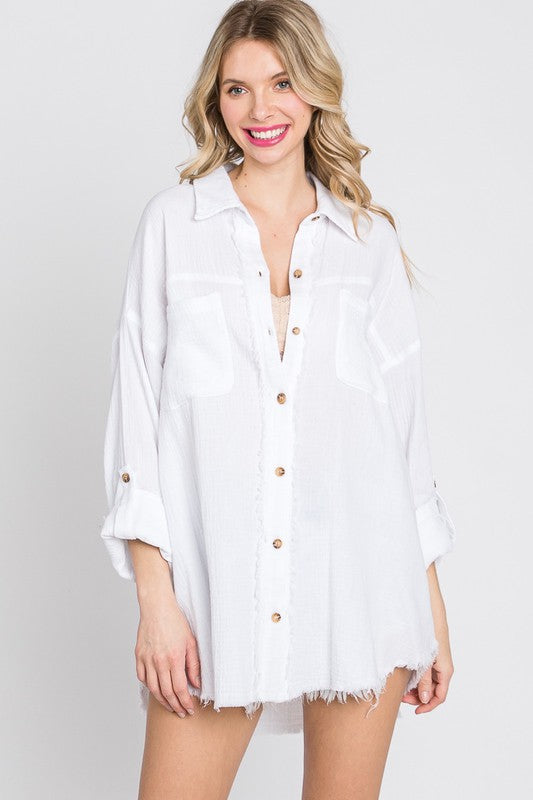 Mineral Wash Gauze Cotton Button Up Top