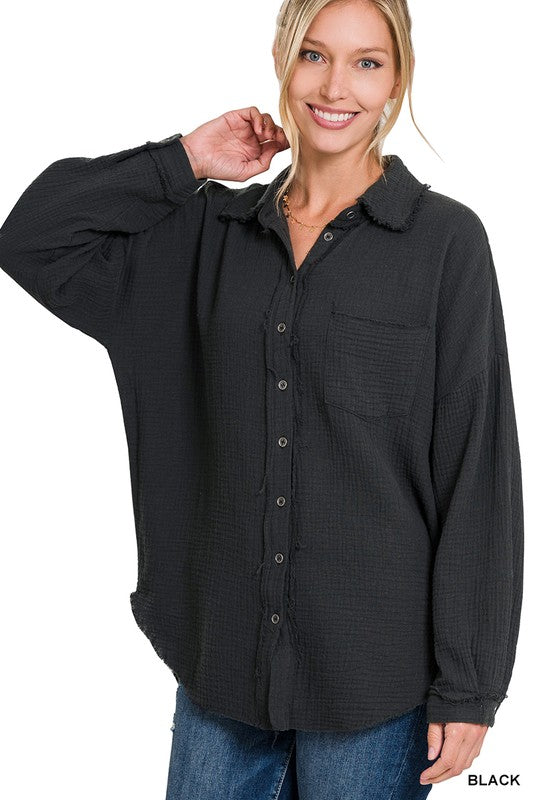 Gauze Button Up Long Sleeve Top