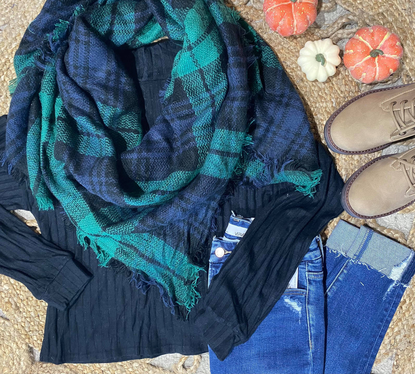 Green & Navy Plaid Blanket Scarf - Final Sale