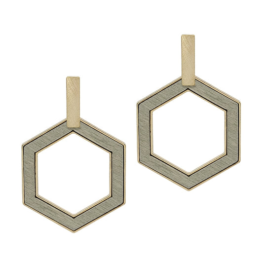 Grey Wood Hexagon Earrings