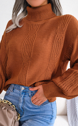 Solid Turtleneck Lantern Sleeve Cable Knit Sweater