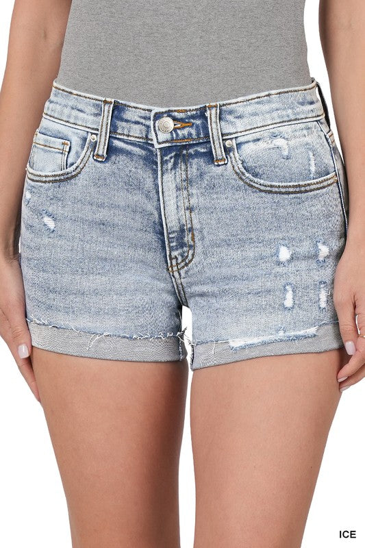 Cuffed Raw Hem Denim Shorts