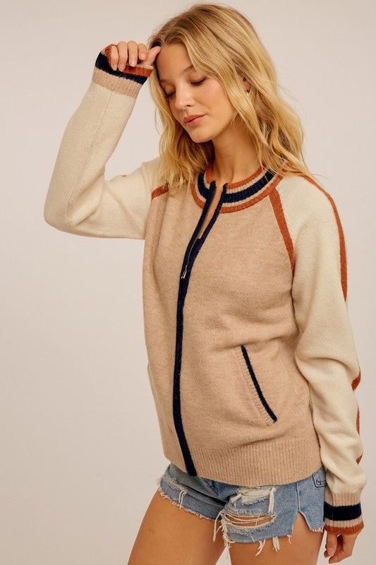 Colorblock Zip Up Sweater