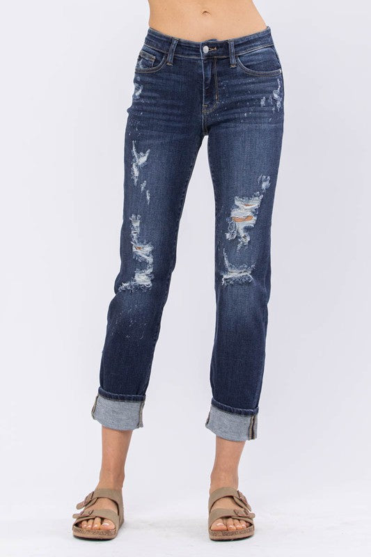 Mid Rise Boyfriend Bleach Splatter Boyfriend Jeans - Judy Blue - Final Sale