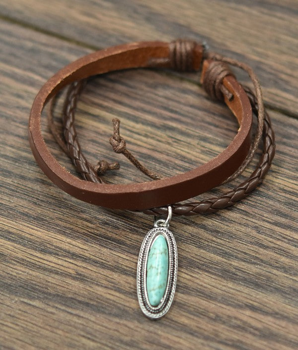 Natural Turquoise Charm Leather Bracelet