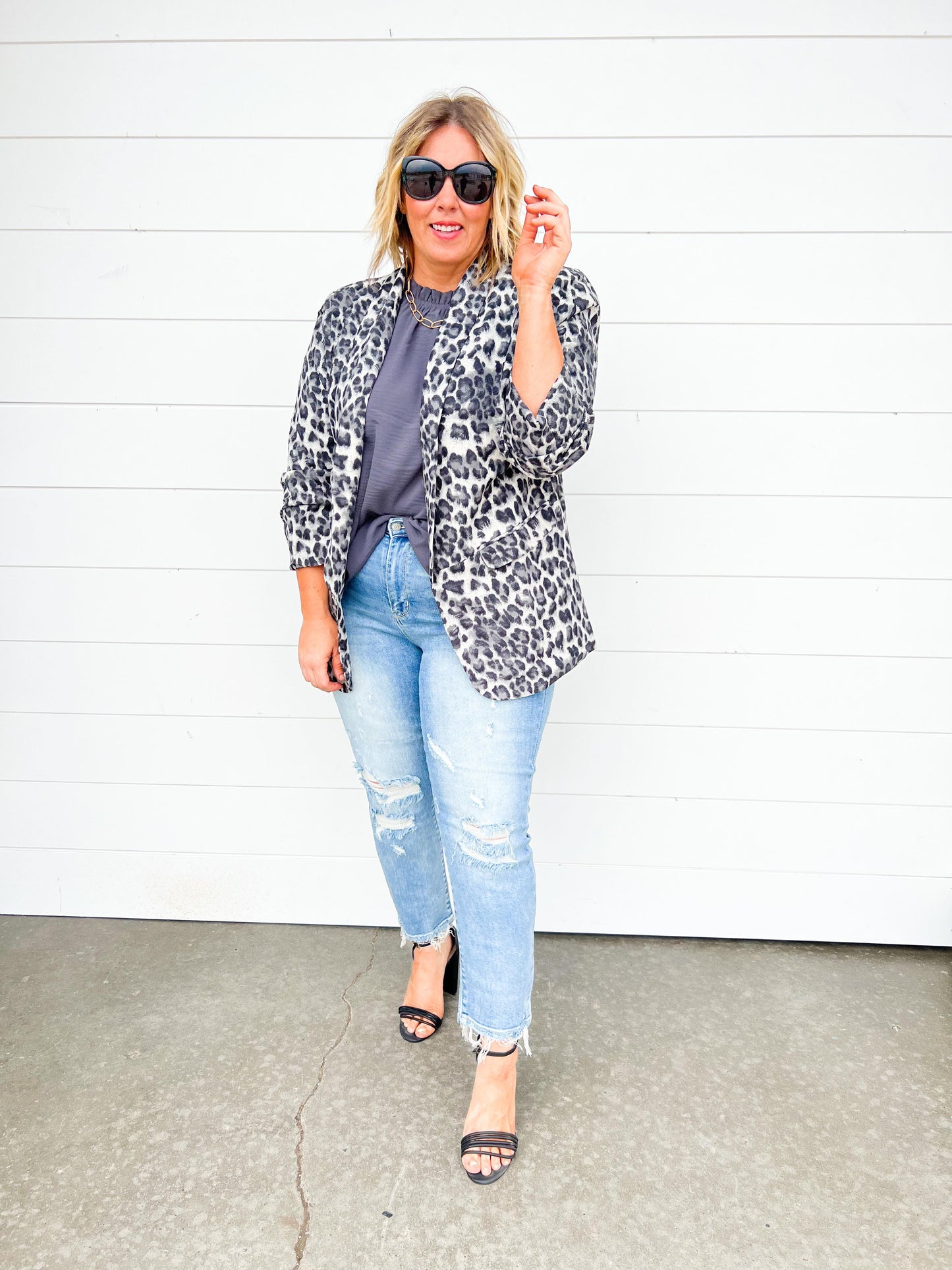 leopard Blazer- charcoal