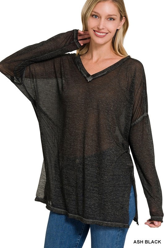 WASHED MELANGE BURNOUT DOLMAN SLEEVE V-NECK TOP