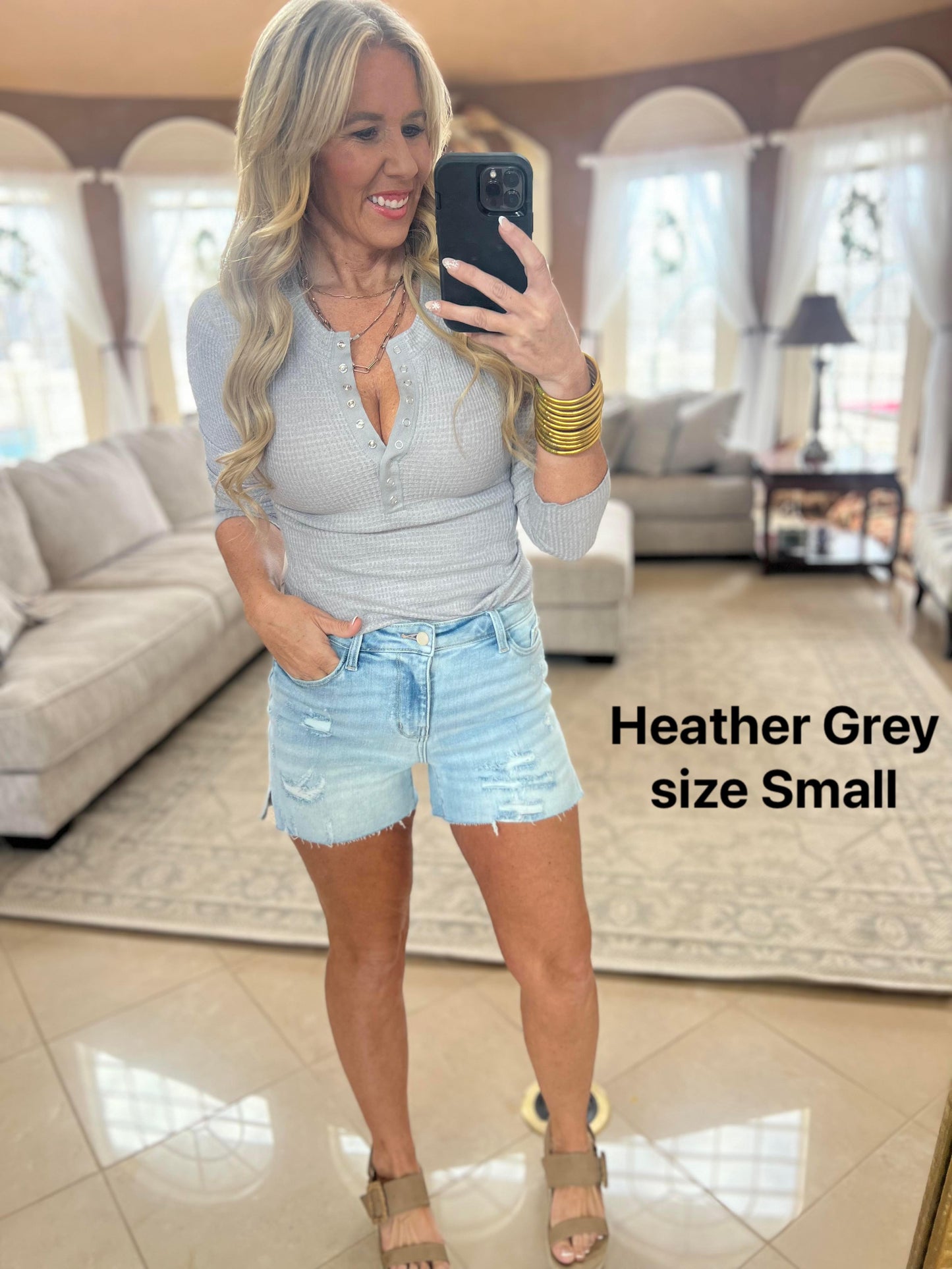 Heather Grey Zenana Spring Henley Long Sleeve Top