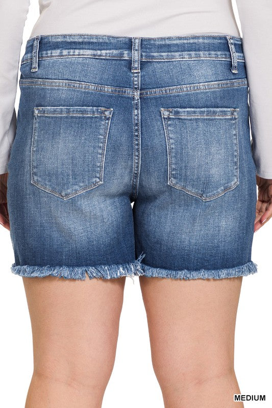 ZENANA MEDIUM Mid Rise Frayed Hem Denim Shorts