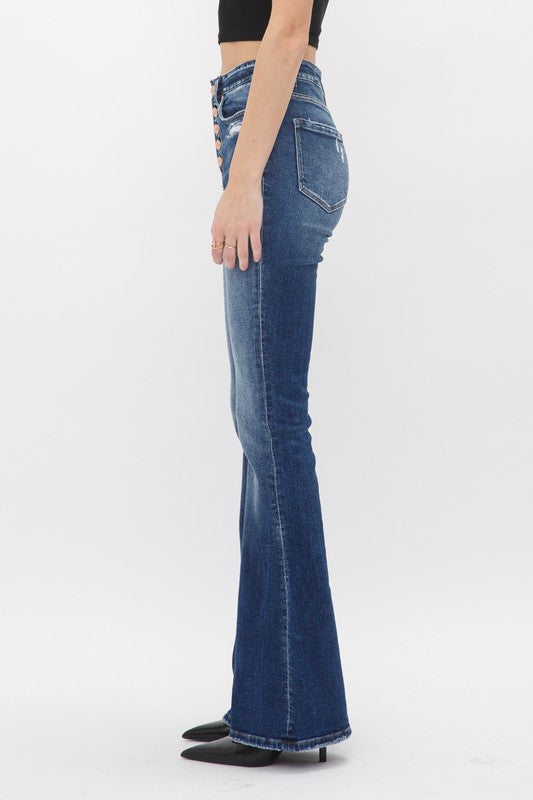 High Rise Button Fly Flare Denim Jeans - Mica