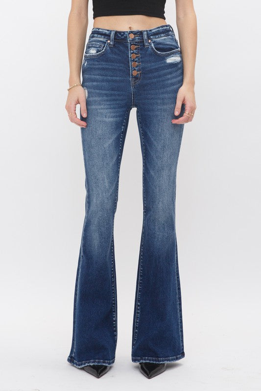 High Rise Button Fly Flare Denim Jeans - Mica