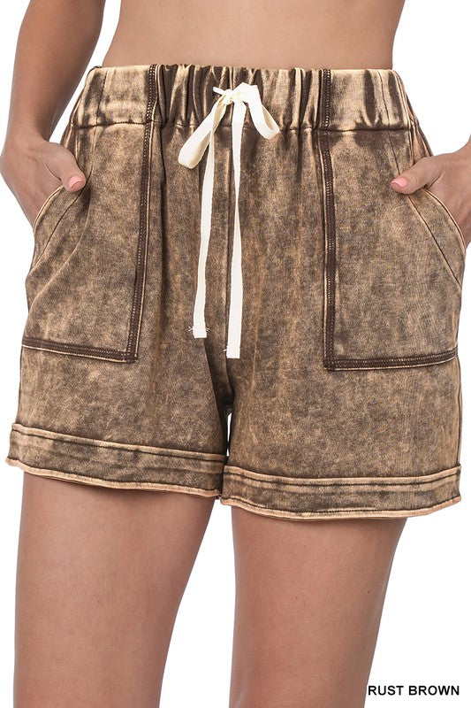 Rust Brown Acid Wash Drawstring Shorts