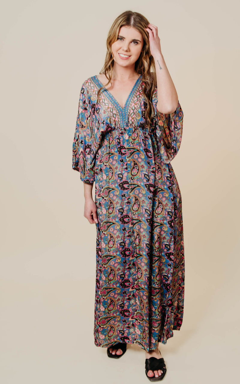 Blue Paisley Kimono Maxi Dress - Blue/Pink/Black -Final Sale*