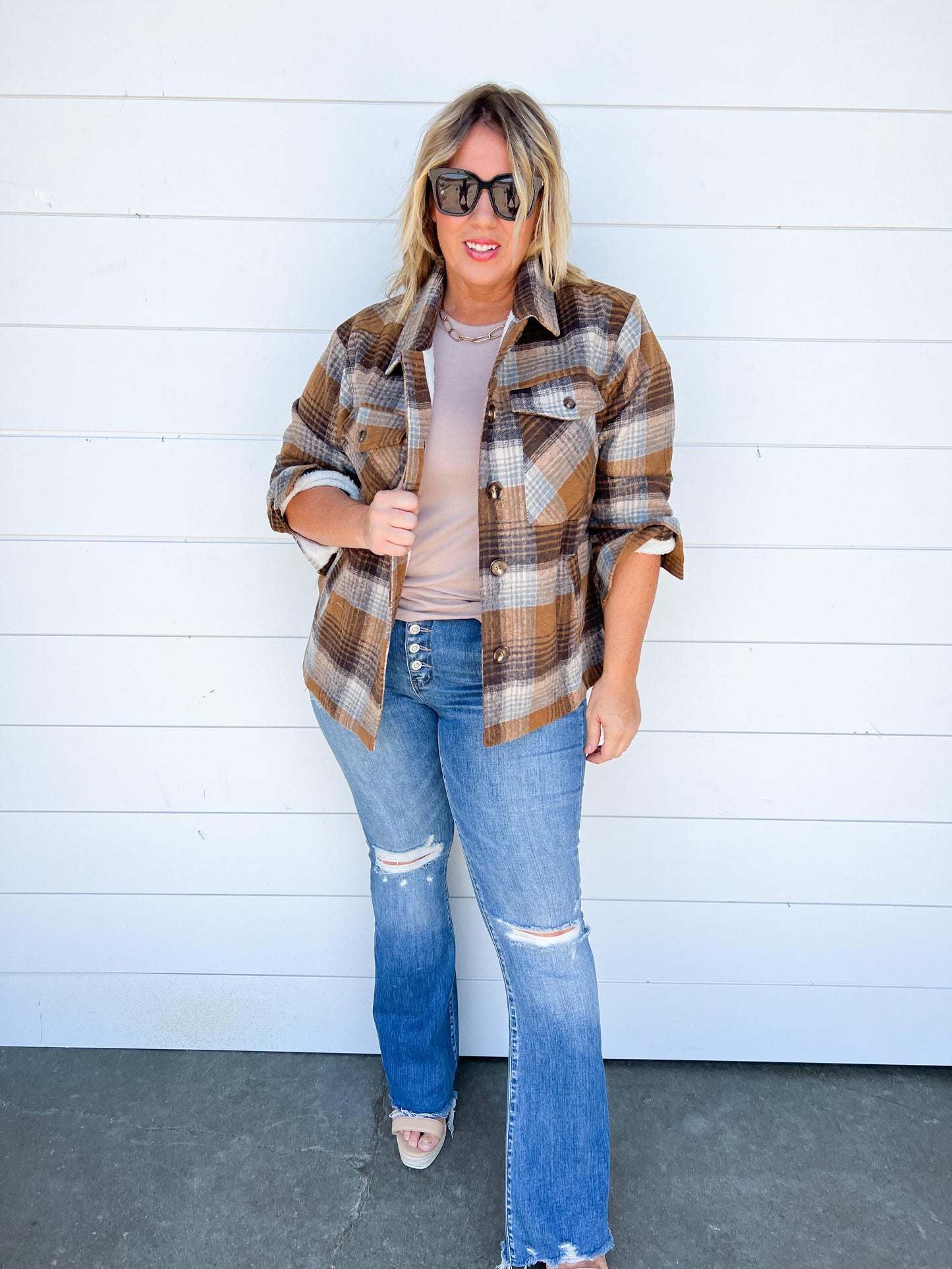 Brown Plaid Fleece Oversized Plaid Shirt Jacket