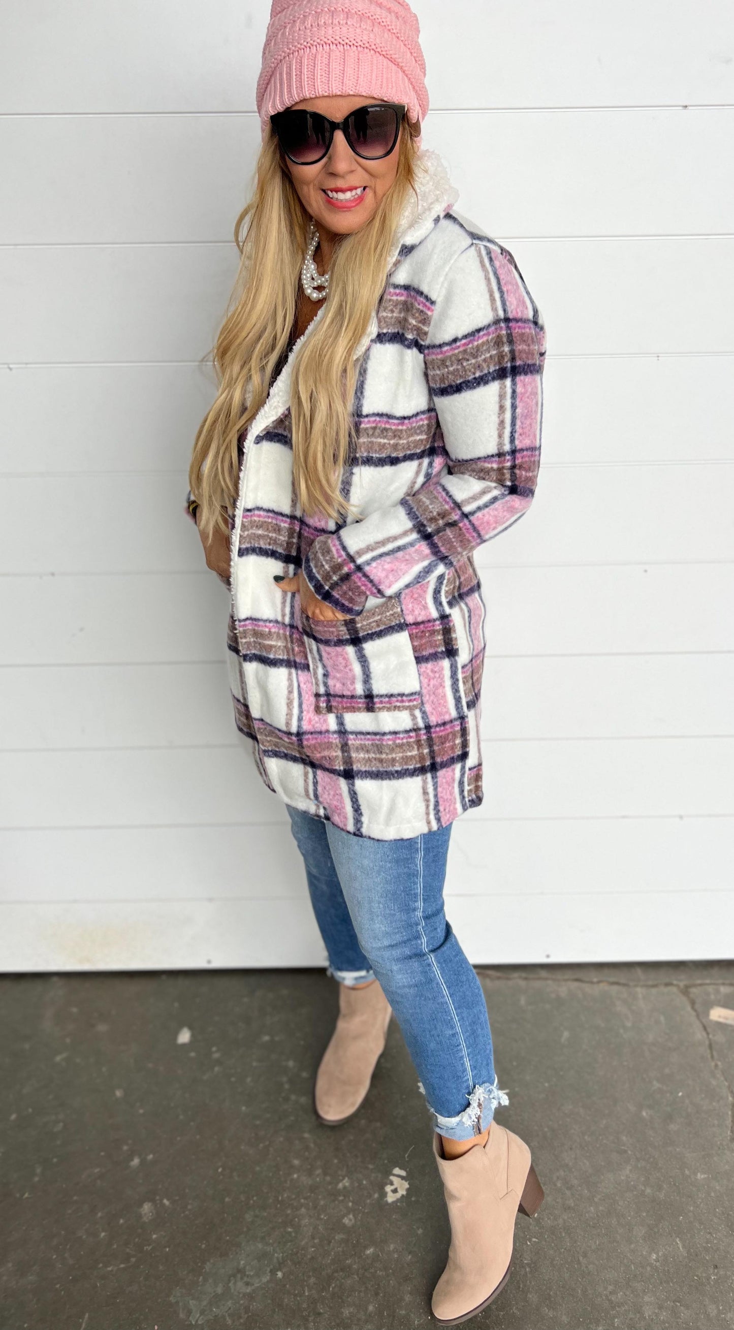 Faux Fur Collar Plaid Shacket