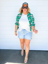 green plaid button up top