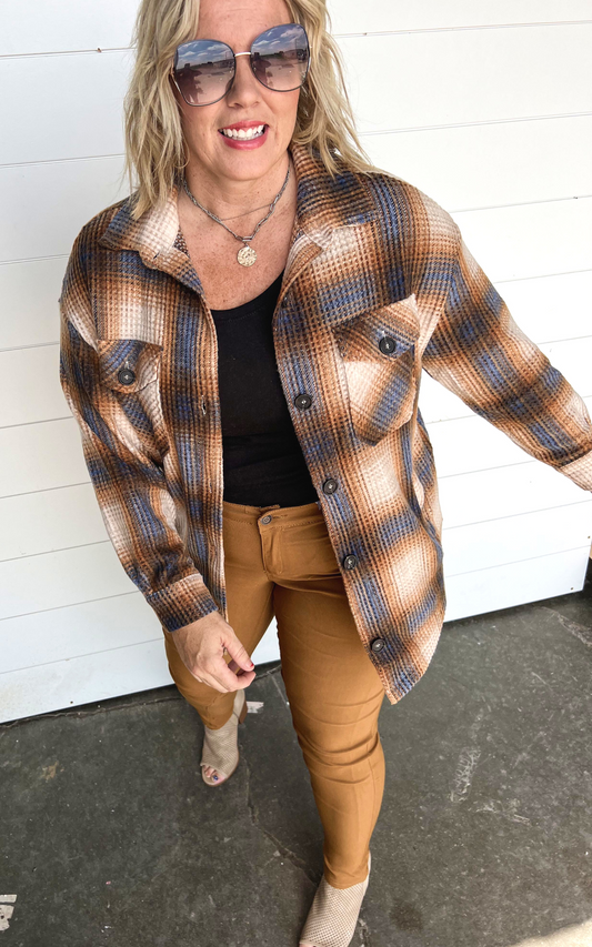 The Willow BRUSHED WAFFLE PLAID OVERSIZED SHACKET  Camel - Final Sale