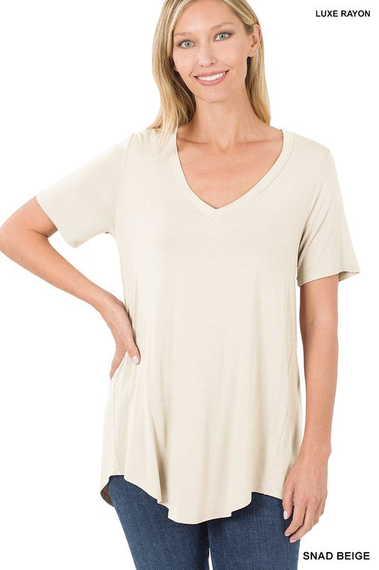 SAND BEIGE Luxe Rayon V-Neck Top