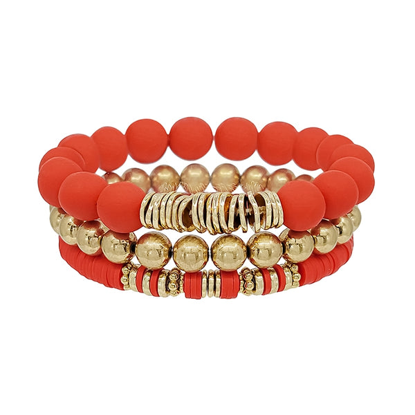 Red Clay & Gold Stacked Bracelets - 3