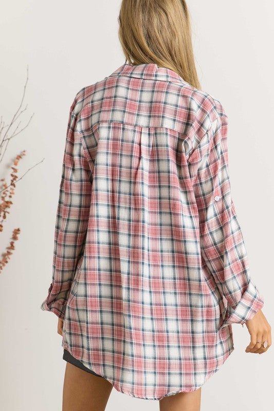 Red Bean Navy Plaid Flannel Top | FINAL SALE