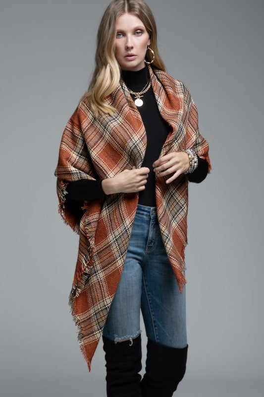 Plaid Blanket Scarf - Rust Brown - Final Sale