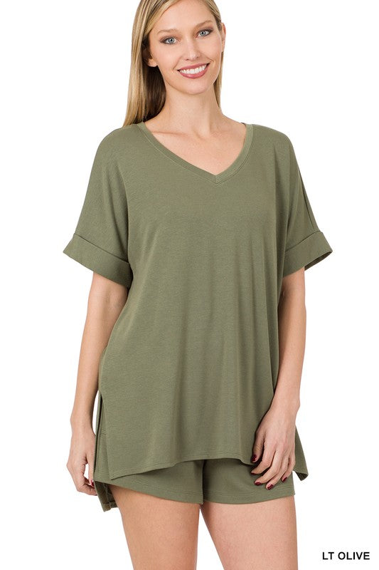 Zenana Lt Olive Soft French Terry Top & Short Set