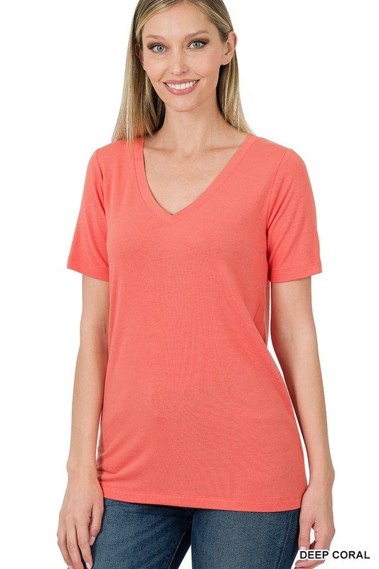 Deep Coral V-Neck Short Sleeve T-Shirt