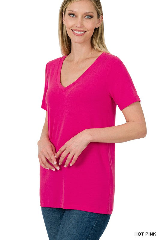 Hot Pink V-Neck Short Sleeve T-Shirt