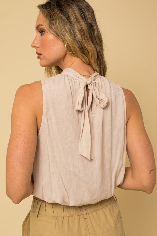 Light Beige Mock Neck Sleeveless Blouse