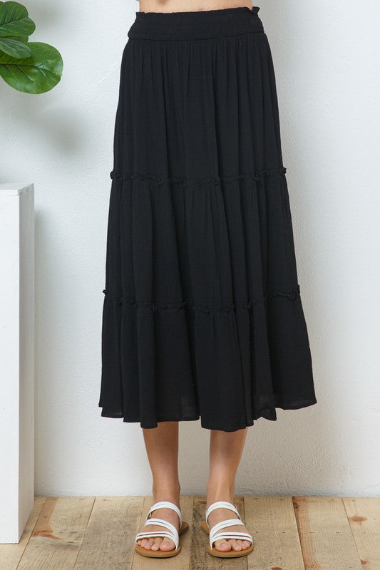 Rayon Gauze Black Tiered Maxi Skirt- BLUE B - FINAL SALE